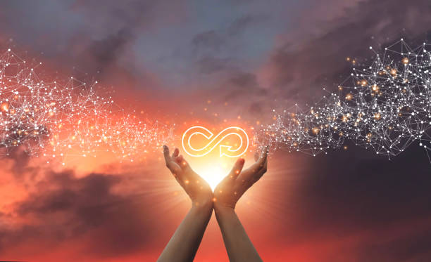 istock Renewable material resources. Hands holding circular economy icon on sunset.Sustainable strategy to eliminate waste and pollution in modern environment. 1348135716