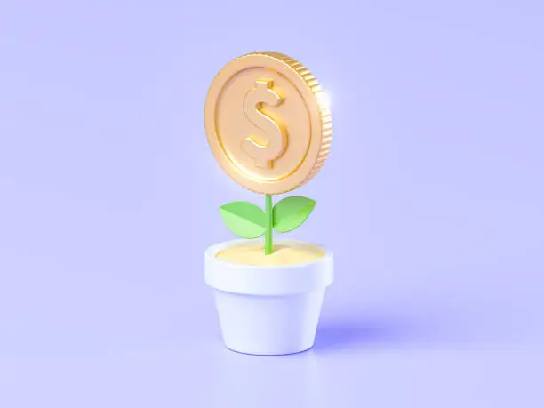 3d pot of plant with gold coin flower on blue background. Money tree - symbol of successful business, revealing the concept of business income. 3D Illustration Rendering.
