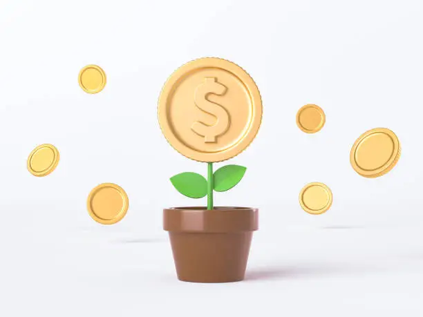 3d pot of plant with gold coin flower on white background. Money tree - symbol of successful business, revealing the concept of business income. 3D Illustration Rendering.