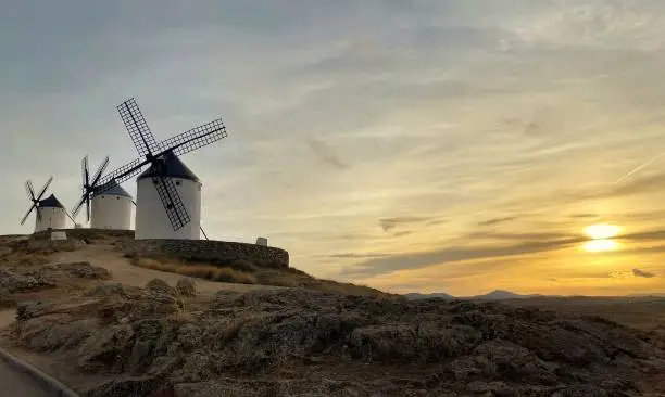 panoramic of the sunset next to the mills of Consuegra, toledo,