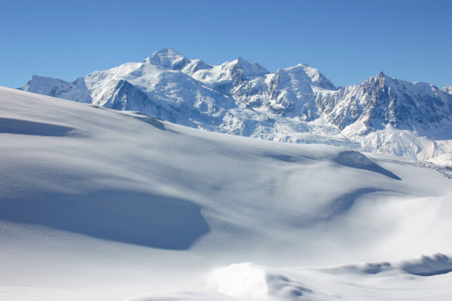 The tallest mountain in Western Europe, Mont Blanc, is captured on a sunny fall day.  The glaciers that have been receding from the warming effects of climate change are visible in the background.