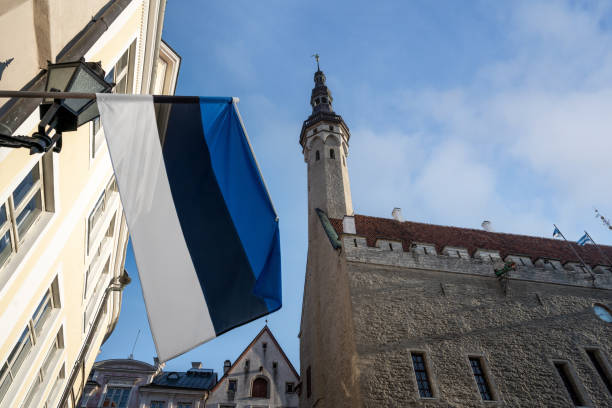 hôtel de ville de tallinn et drapeau estonien - tallinn, estonie - estonia photos et images de collection