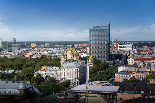 Aerial view of Riga with Nativity of Christ Orthodox Cathedral and Freedom Monument - Riga, Latvia