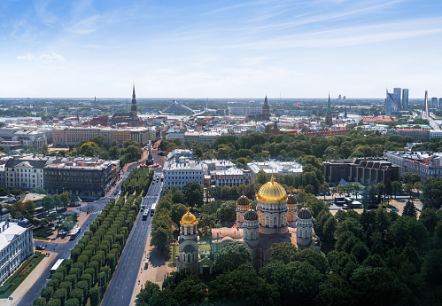 Aerial view of Riga with Nativity of Christ Orthodox Cathedral and Riga Old Town - Riga, Latvia