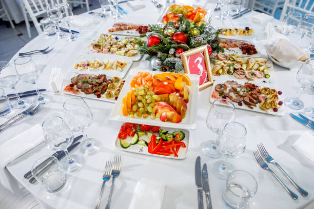istock Top view on a buffet table with different tasty snacks. Menu, banquet, party, appetizer concept. 1348144750