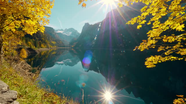 Famous lake Gosausee and mount Dachstein, Salzkammergut, Austria, in autumn