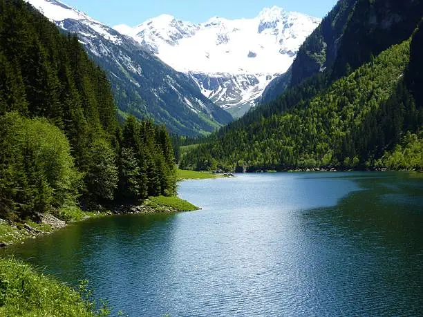 mountain lake with glacier in background in austria