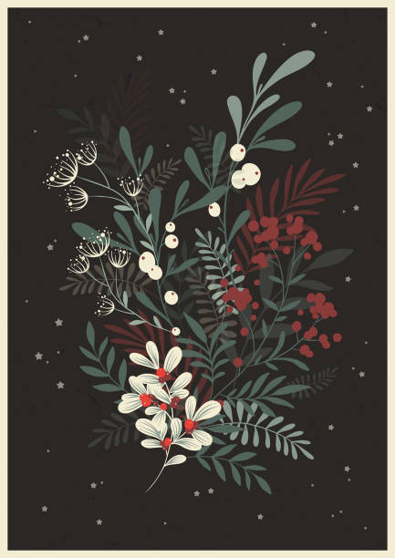 Whimsical winter bouquet. Christmas greeting card template. Vector template of vintage Christmas greeting card. Winter foliage composition with delicate botanical decor. Holiday floral design, elegant bouquet illustration. traditional christmas stock illustrations