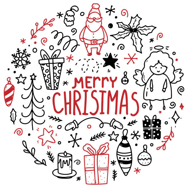 Big set of Christmas design element in doodle style Big set of Christmas design element in doodle style snowflake shape clipart stock illustrations