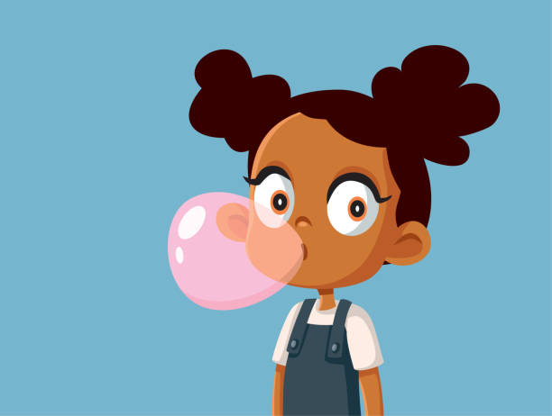 어린 소녀 츄잉 풍선 껌 벡터 일러스트 - chewing gum candy bubble little girls stock illustrations