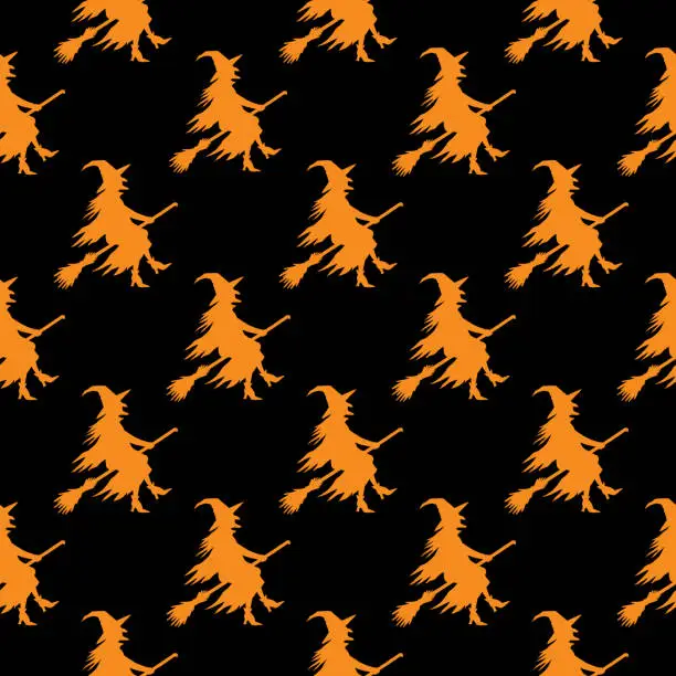 Vector illustration of Orange Witch Flying on Broom Seamless Pattern