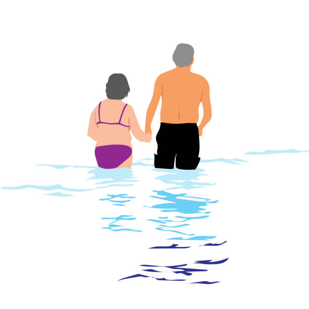 ilustraciones, imágenes clip art, dibujos animados e iconos de stock de pareja de ancianos lago nadar negro - swimming exercising women back