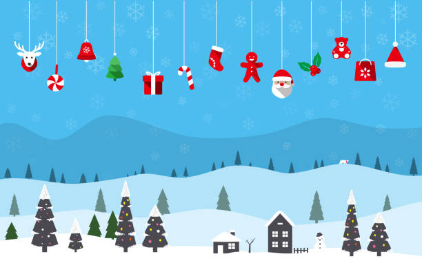 Christmas poster, greeting card design Christmas greeting card, contain mountain, trees, house, snowflake,  polar bear, snowman christmas santa tree stock illustrations