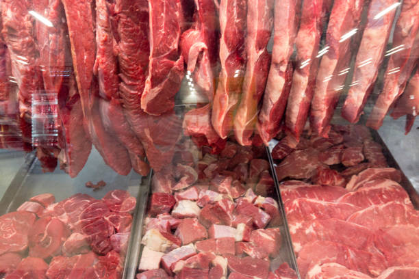 istock Red meat. Beef. Meat in the butcher window 1348156778