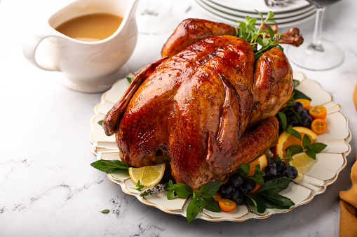 Thanksgiving or Christmas roasted turkey served with gravy