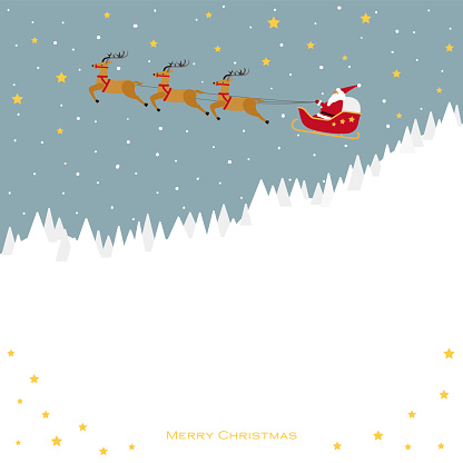 Illustration of Santa Claus riding a reindeer sleigh running in the starry sky above a snowy mountain