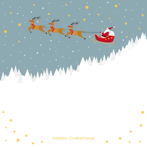 Vector illustration of Illustration of Santa Claus riding a reindeer sleigh running in the starry sky above a snowy mountain