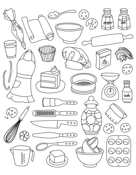 ilustraciones, imágenes clip art, dibujos animados e iconos de stock de colección de garabatos ilustrados vectoriales simples dibujados a mano de herramientas, ingredientes y elementos para hornear. - cortador de masa