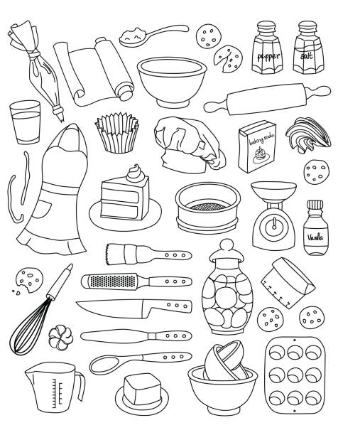 Collection of simple hand drawn vector illustrated doodles of baking tools, ingredients and elements. Isolated hand drawn items, black outlines on a white background. kitchen scale stock illustrations