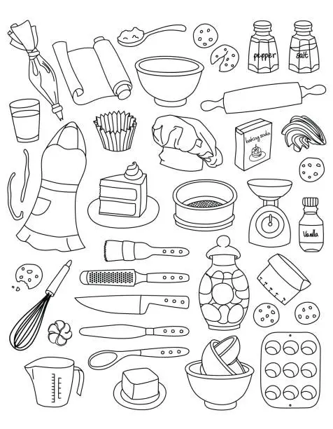 Vector illustration of Collection of simple hand drawn vector illustrated doodles of baking tools, ingredients and elements.