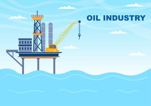 illustrazioni stock, clip art, cartoni animati e icone di tendenza di illustrazione vettoriale dell'industria del gas petrolifero. estrazione del greggio, impianto di raffinazione, perforazione, stazione di servizio, tubo di uso del serbatoio e consegna del carburante tramite trasporto su camion - oil rig oil industry sea oil