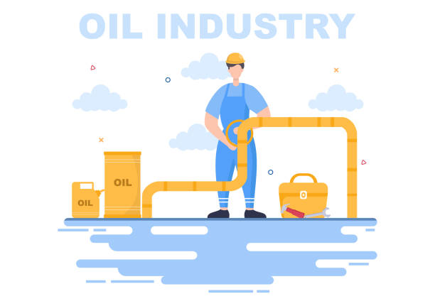 ilustrações de stock, clip art, desenhos animados e ícones de oil gas industry vector illustration. crude extraction, refinery plant, drilling, gas station, tank use pipe and delivery of fuel by truck transportation - oil rig oil industry sea mining