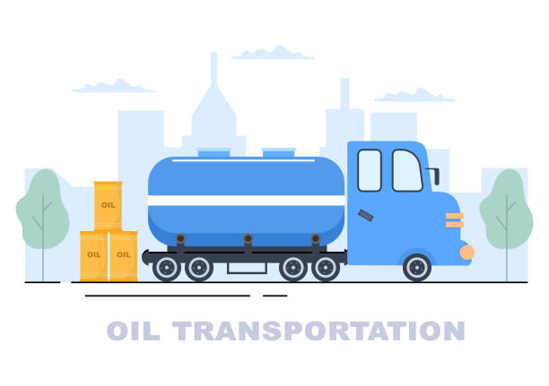 ilustrações de stock, clip art, desenhos animados e ícones de oil gas industry vector illustration. crude extraction, refinery plant, drilling, gas station, tank use pipe and delivery of fuel by truck transportation - oil rig oil industry sea mining