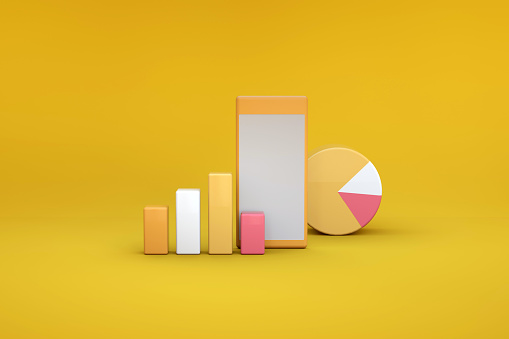 3D illustration of graphs and diagrams on a yellow isolated background. 3D illustration of objects and 3D orange icons on an isolated background. Statistics, charts, graphs, reports.