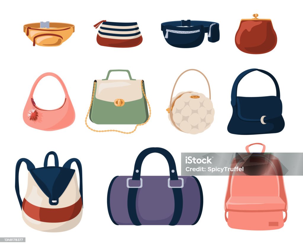 Women Purse Trendy Fashion Cartoon Clutch And Everyday Casual Handbags  Glamor Isolated Bags Collection Stylish Backpacks Or Pouches Modern  Clothing Vector Female Accessories Set Stock Illustration - Download Image  Now - iStock