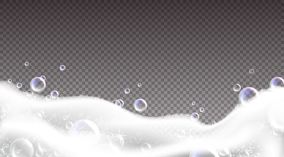 Shampoo foam border. Realistic soap bubbles on transparent background. Bathtub and laundry soapy water creamy texture. White washing suds. Soft spume waves. Vector detergent froth blank frame template