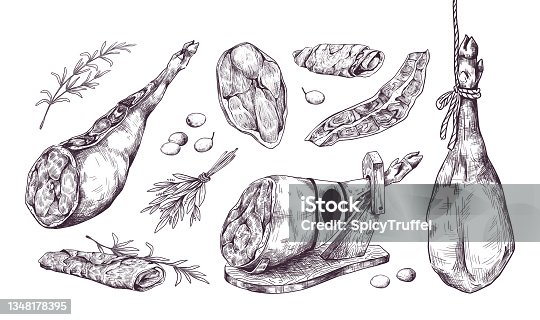 istock Hand drawn jamon. Special Spanish leg ham. Isolated delicious meat sketch. Pork slices with rosemary and olive. Prosciutto black and white drawing. Vector restaurant menu illustration 1348178395