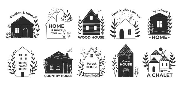 home doodle logo. handgezeichnetes landhaus aus holz mit garten. vermietung dorfchalet und stadthütte. gemütliches gebäude und pflanzen silhouettenschilder. vektor-immobilienzeichnung embleme - landhaus stock-grafiken, -clipart, -cartoons und -symbole