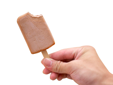 Hand holding chocolate ice-cream isolated on white background