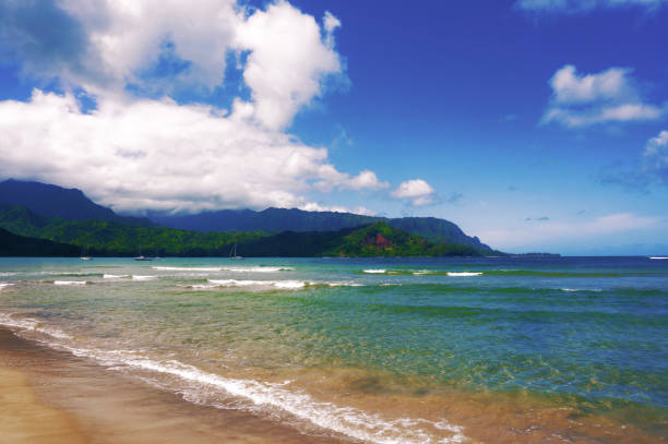 beach and Pier in natural paradise Hanalei Bay, Kauai Island (Hawaii)