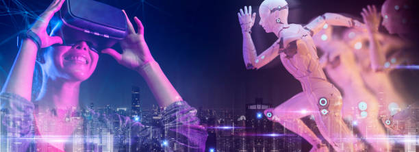 istock Future digital technology metaverse game and entertainment, Teenager having fun play VR virtual reality avatar, sport game 3D robot in cyber space metaverse futuristic neon colorful background, 1348184828