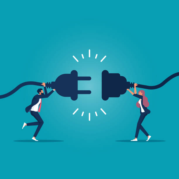 Collaboration teamwork vector concept Businessman and businesswoman hold plugs to connect. Cooperation interaction. Collaboration teamwork. Concept for planning, business strategy and connection. dividing illustrations stock illustrations