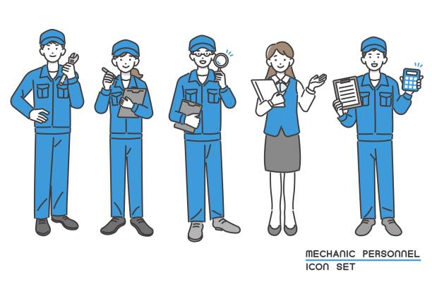vektorillustration eines automechanikers oder rezeptionisten / wartung / autoinspektion / reparatur - blaumann stock-grafiken, -clipart, -cartoons und -symbole