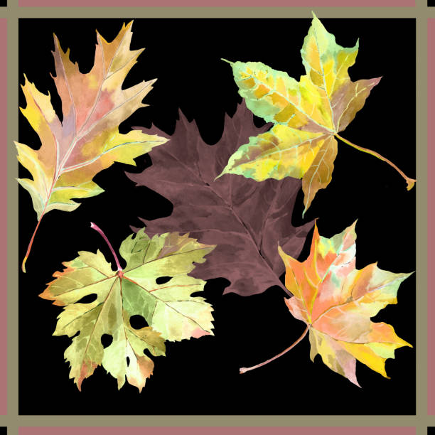 istock Scarf design with autumn leaves light watercolor on black background. 1348186221