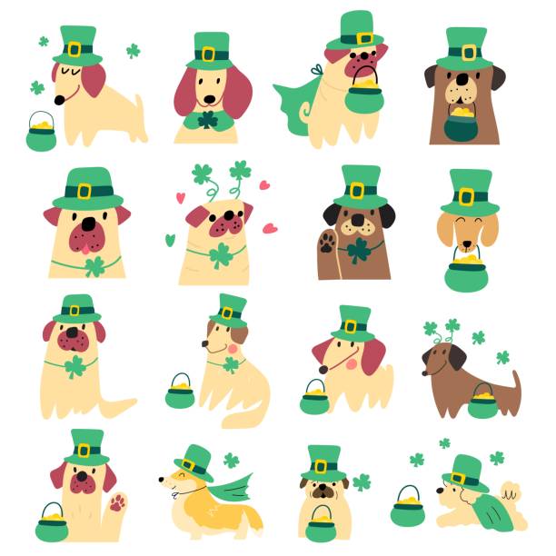 ilustraciones, imágenes clip art, dibujos animados e iconos de stock de conjunto de perros con disfraces para el día de san patricio. - st patricks day dog irish culture leprechaun