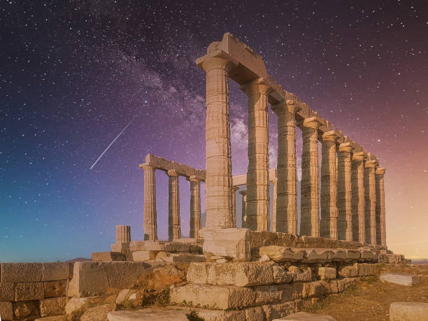 istock Temple of Poseidon in Greece against a dramatic night sky. 1348188723