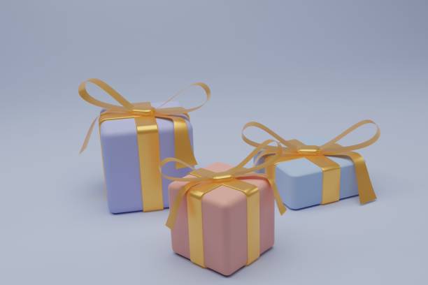 istock 3d color gift boxes set with gold ribbon bow  on a blue background. Pastel colors. 3d render illustration. 1348190080