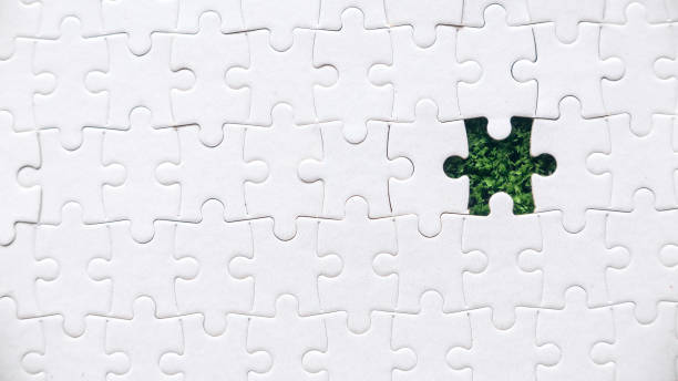 istock Top view of white puzzle with an empty space fill with grass. 1348190401