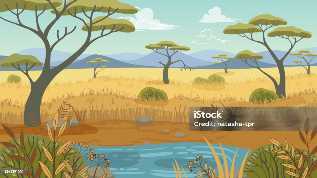 Wildlife Vector African Landscape In Flat Cartoon Style Stock Illustration  - Download Image Now - iStock