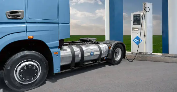 CNG truck at a gas station. Concept