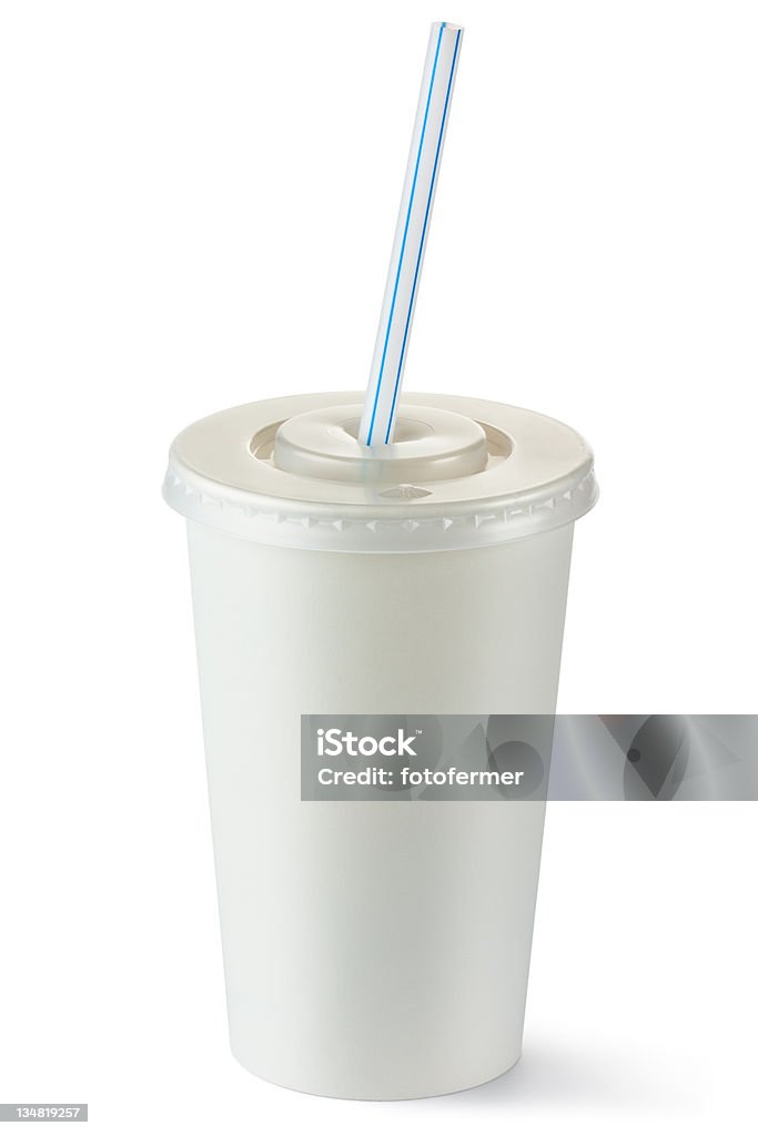 Disposable cup of middle volume for beverages with straw Disposable cup of middle volume for beverages with straw. Isolated on a white. Blank Stock Photo