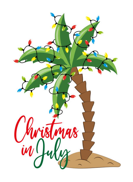 ilustrações, clipart, desenhos animados e ícones de natal em julho - palmeira decorada com guirlandas de luzes de natal, isolada em fundo branco. - christmas palm tree island christmas lights