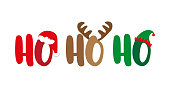 istock Ho Ho Ho - Christmas greeting typography, with Santa hat, antler, and elf hat. Holiday quote, decoration. 1348196073
