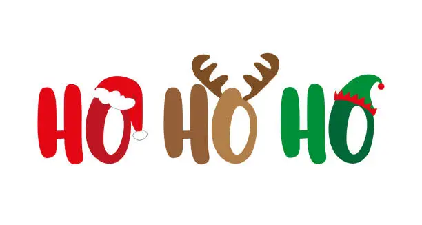 Vector illustration of Ho Ho Ho - Christmas greeting typography, with Santa hat, antler, and elf hat. Holiday quote, decoration.