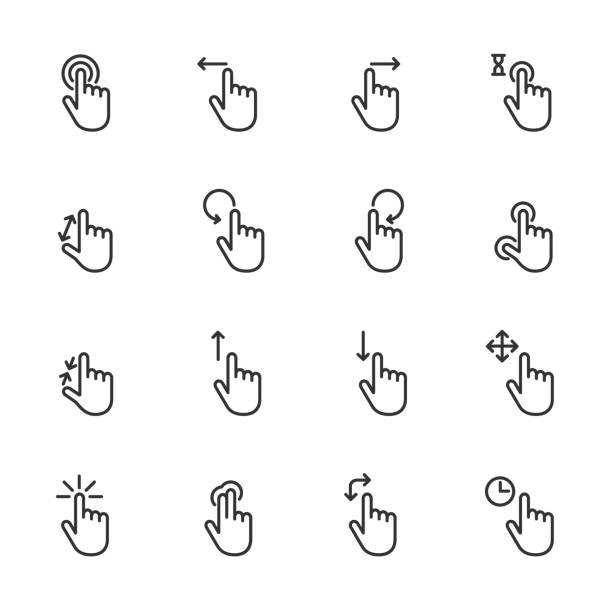 vektorsatz von handgesten touchscreen-liniensymbole. - dragging stock-grafiken, -clipart, -cartoons und -symbole