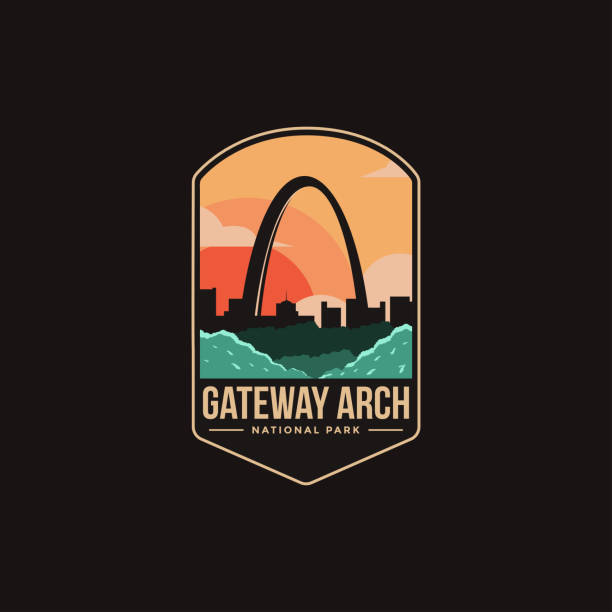 emblemat emblematowa ilustracja parku narodowego gateway arch na ciemnym tle - rzeka missouri stock illustrations